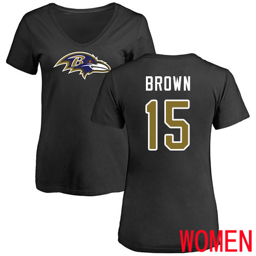 Baltimore Ravens Black Women Marquise Brown Name and Number Logo NFL Football #15 T Shirt->nfl t-shirts->Sports Accessory